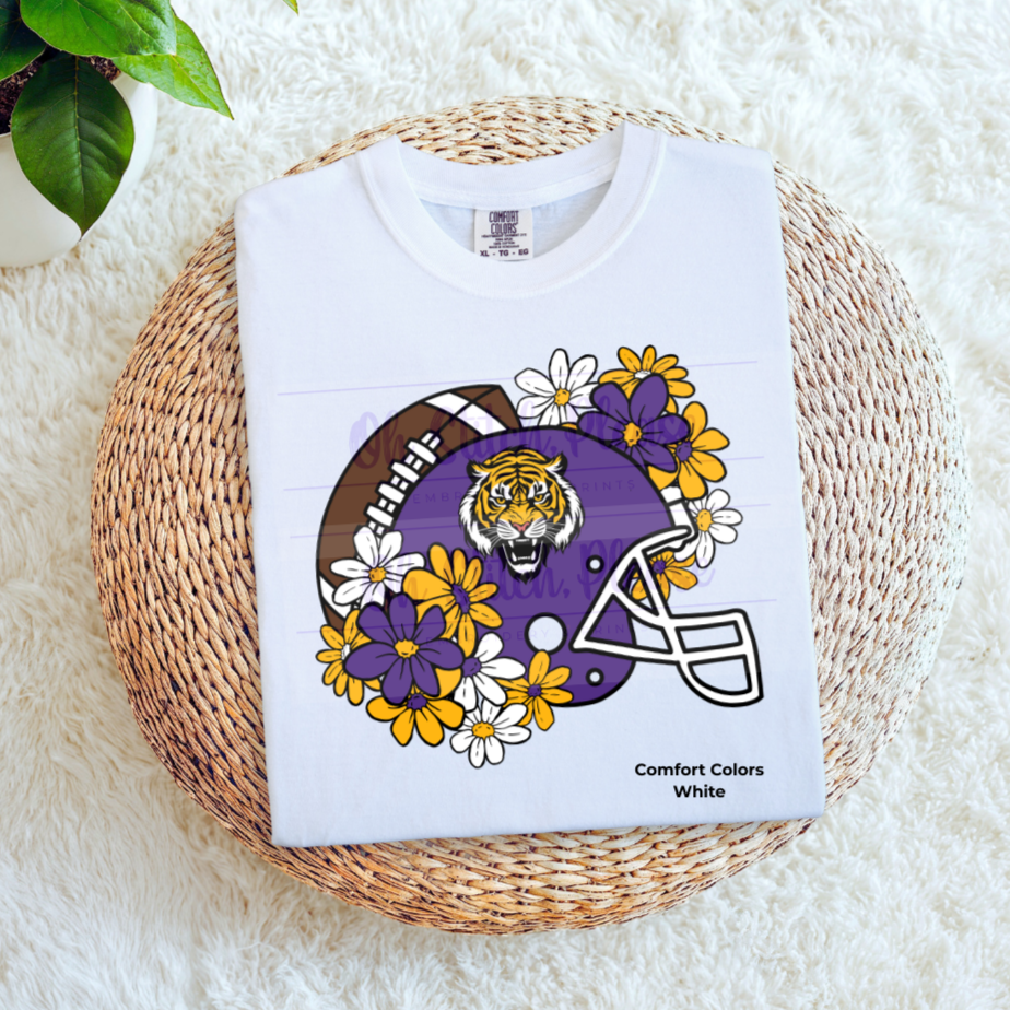 Football Helmet with Flowers | Purple & Gold Tigers