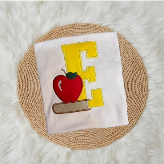 Books and Apple with Large Applique Initial