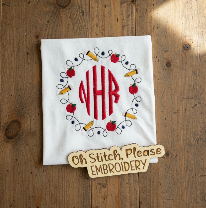 School Supplies Name or Monogram Frame with Pencil & Apple {Embroidered Shirt}
