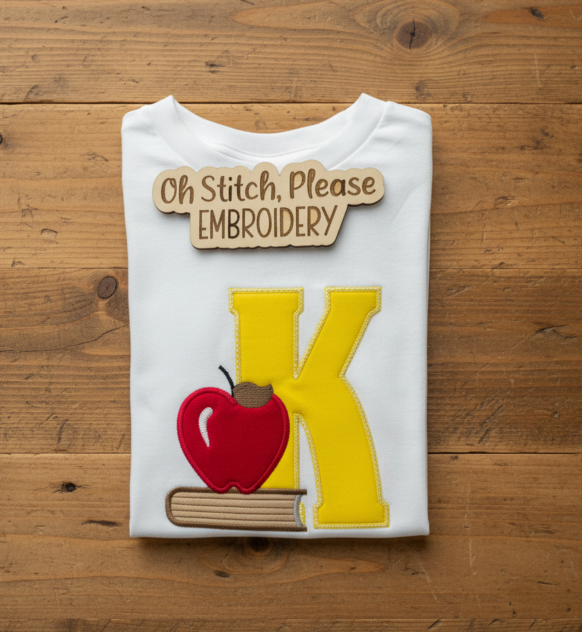Books and Apple with Large Applique Initial