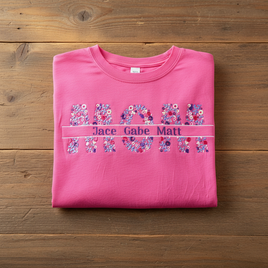 Mom Floral Split Design Shirt with Child Names
