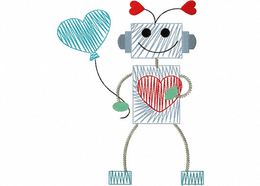 Valentine Square Robot Scribble Sketch Embroidered t-shirt