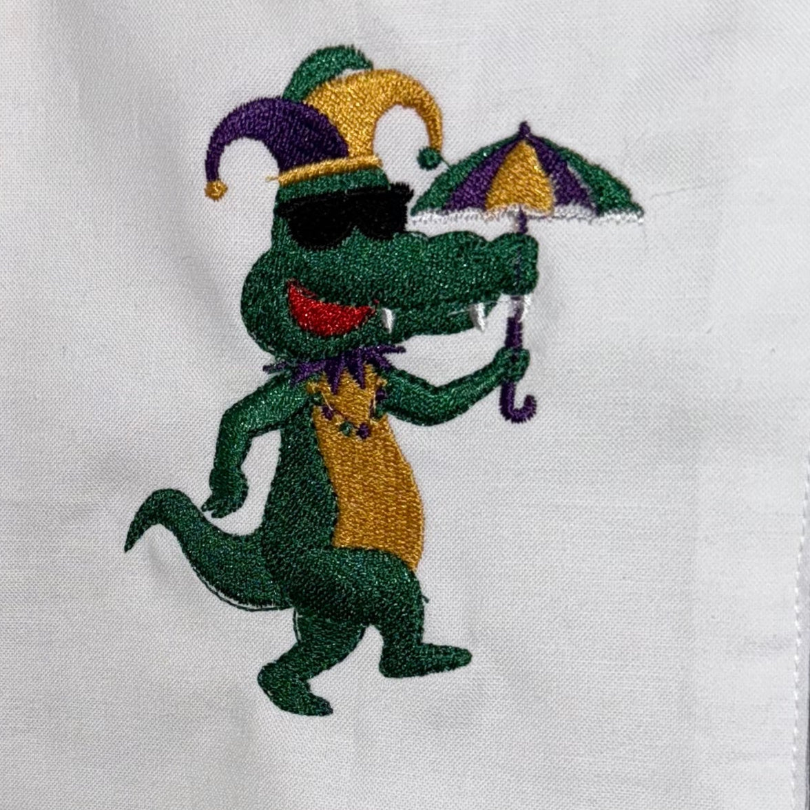 Embroidered Wreath Sash | Mardi Gras Gator with Umbrella and Jester Hat