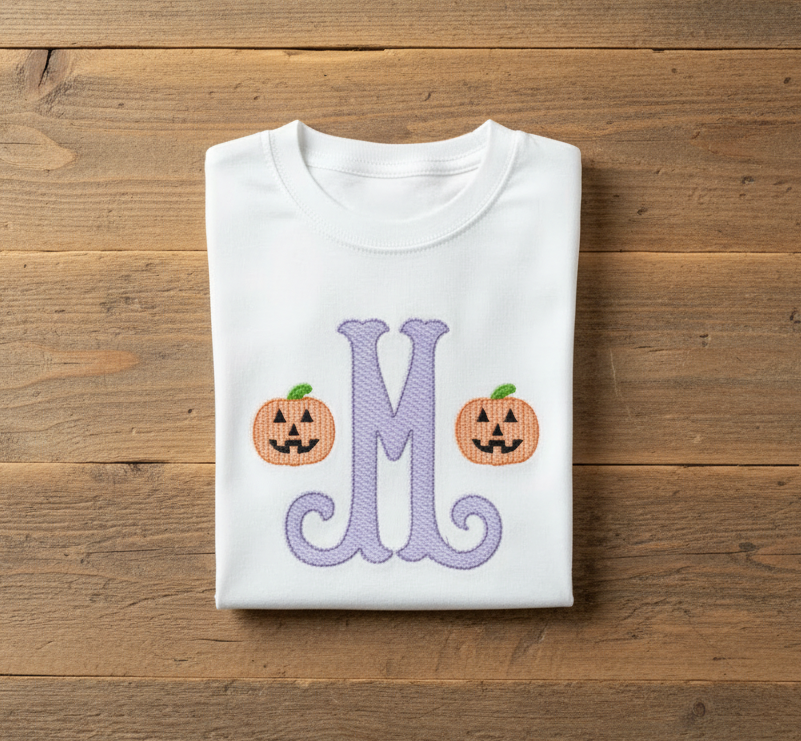 Fishtail Initial with mini-jack o' lanterns Embroidered Shirt
