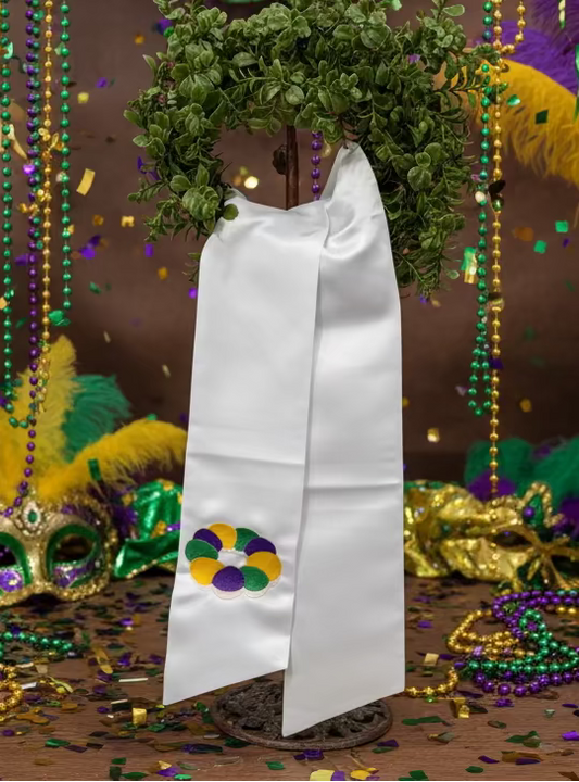 Mardi Gras King Cake Embroidered Wreath Sash