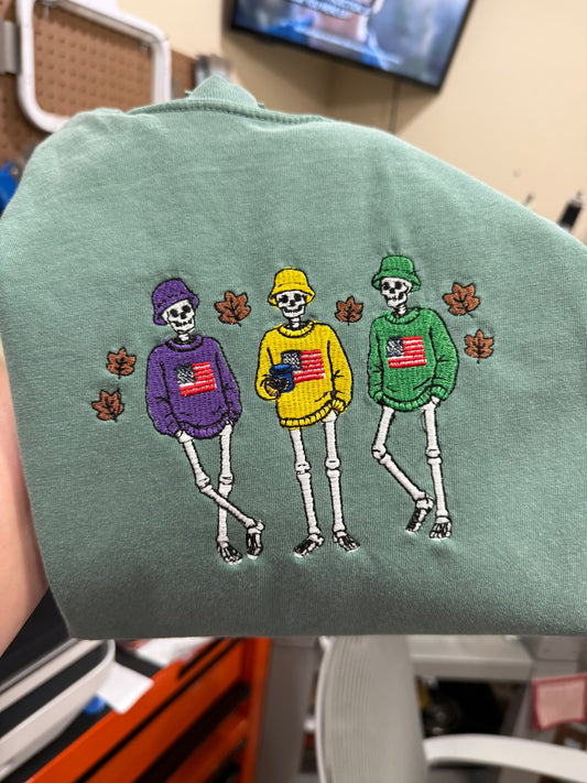 Halloween Skeleton Trio with Sweaters and US Flag Embroidered
