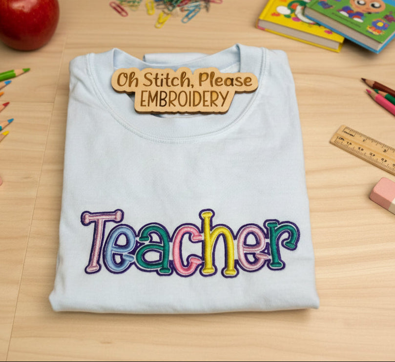 Teacher with Colorful 3-D Puff Embroidery and Outline