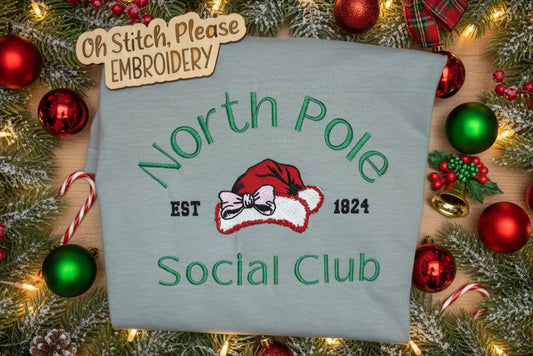 Christmas T-Shirt Embroidered North Pole Social Club w/cute Santa Hat