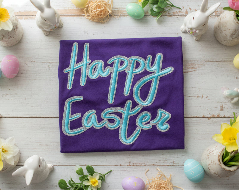 Happy Easter Puff Stitch Patch on T-Shirt