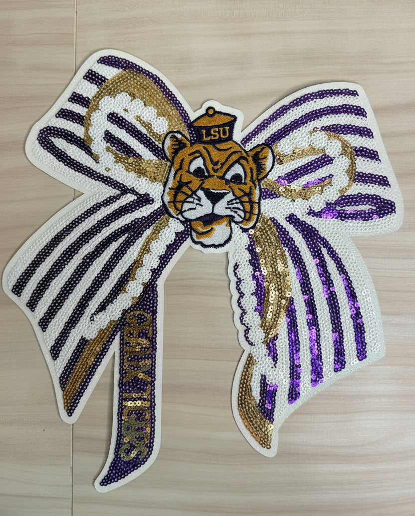 LSU Tiger in Center of Sequin Bow