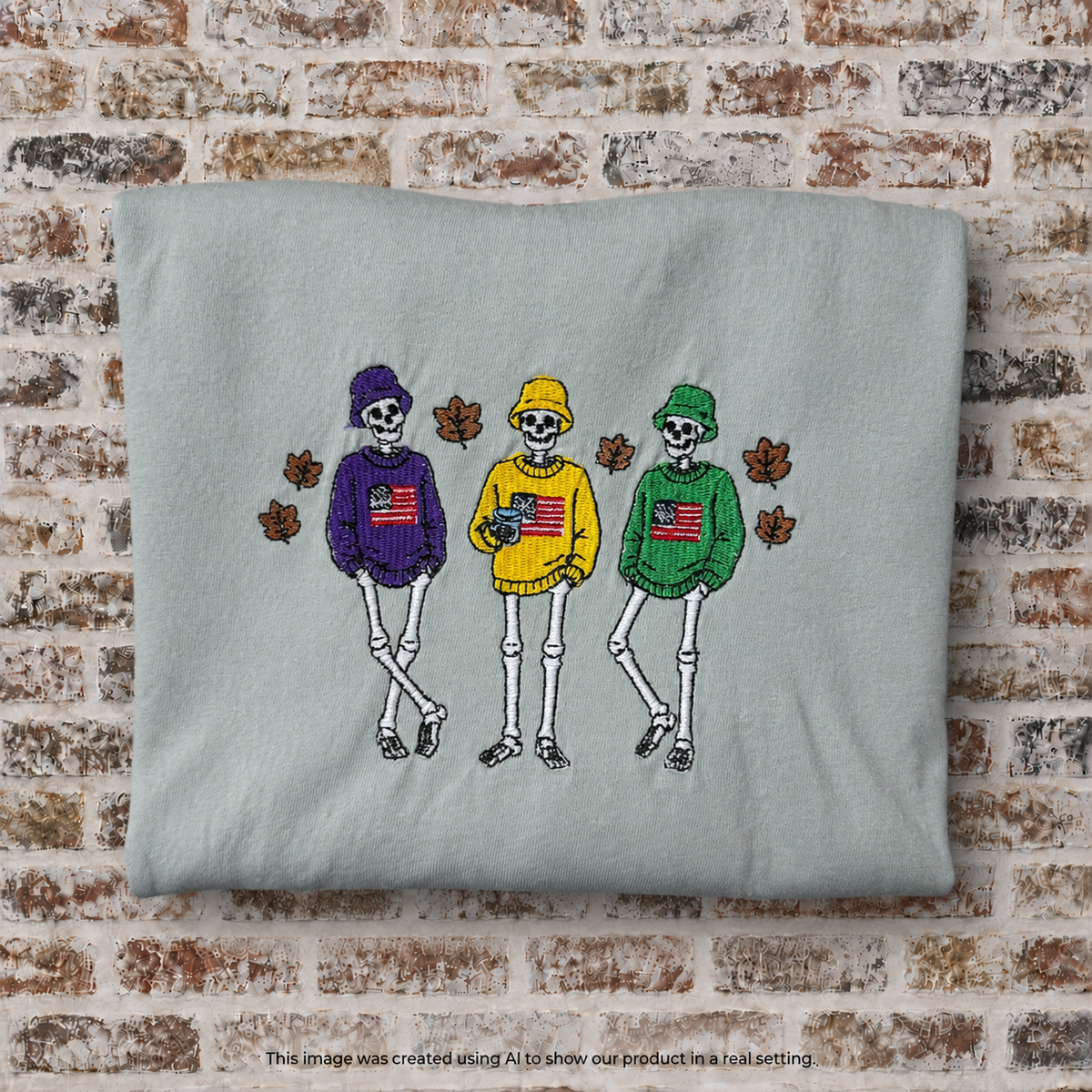 Halloween Skeleton Trio with Sweaters and US Flag Embroidered