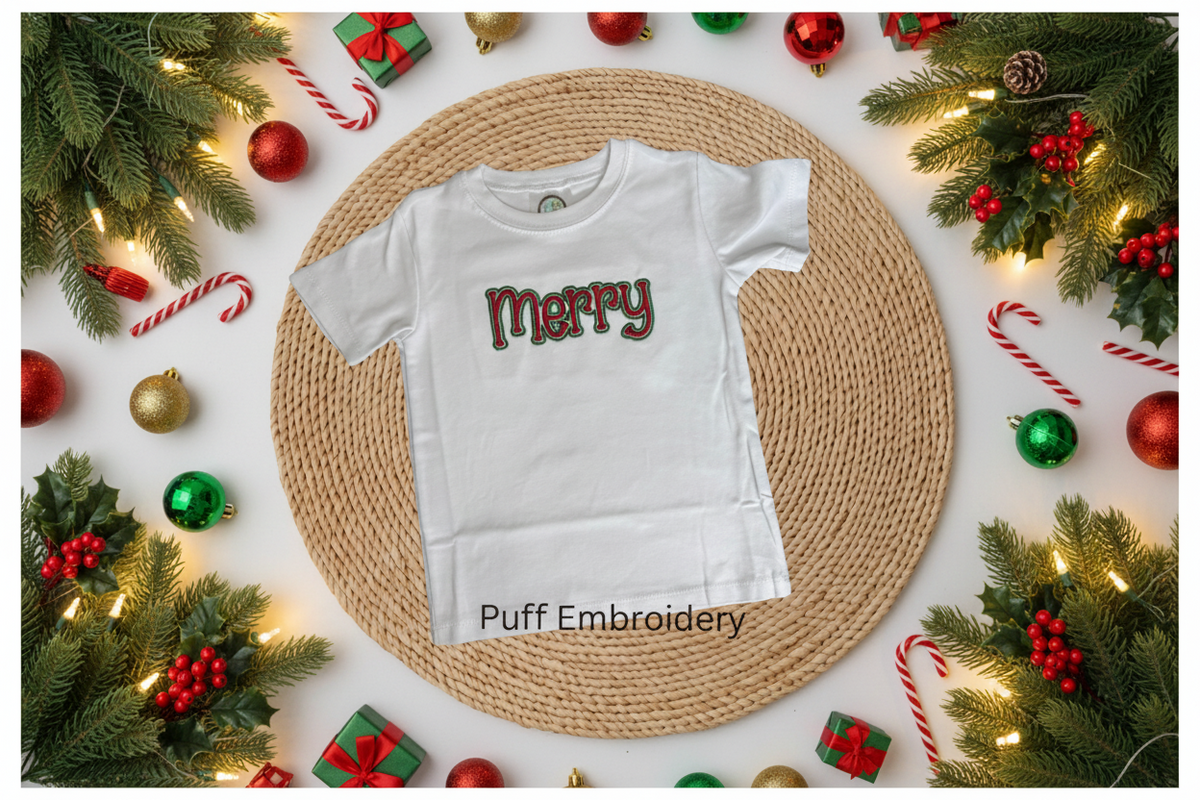Puff embroidery text Merry Christmas Youth shirt