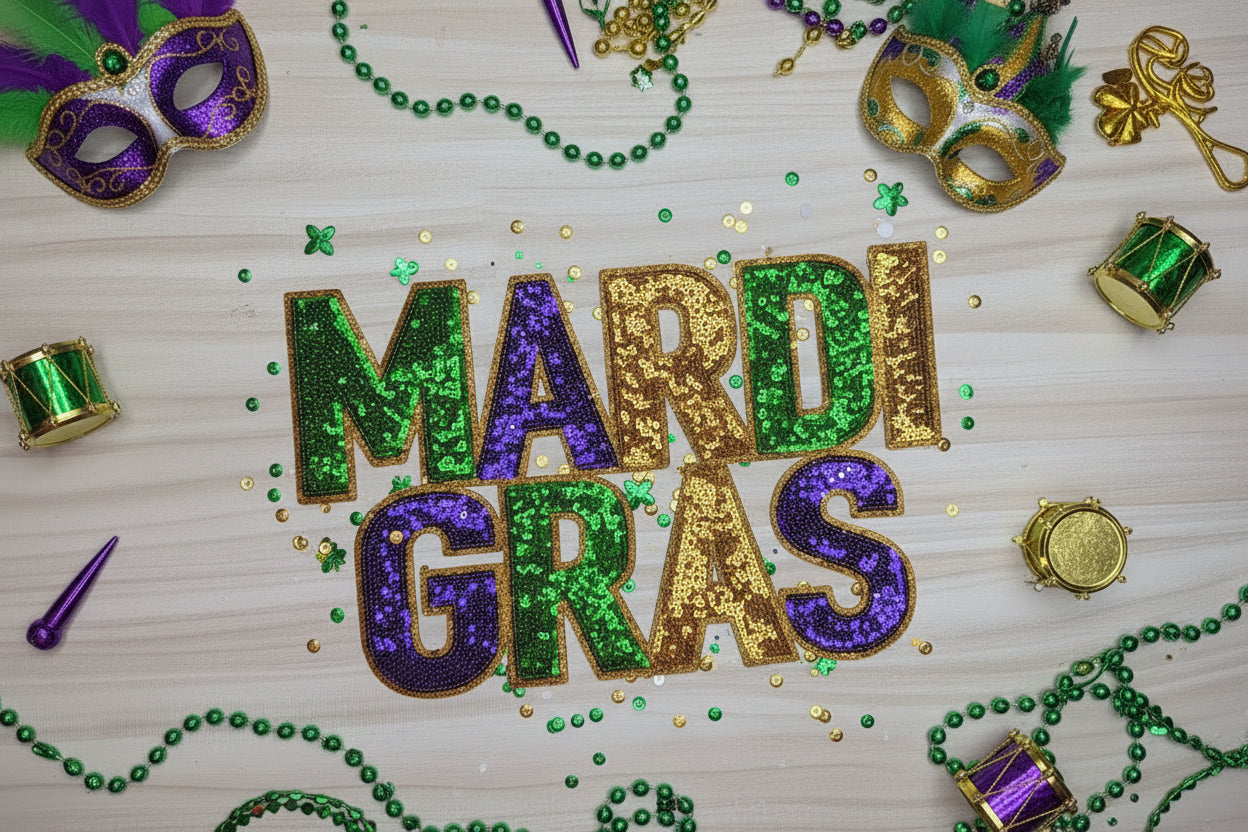 Mardi Gras Block Letters Sequin Patch