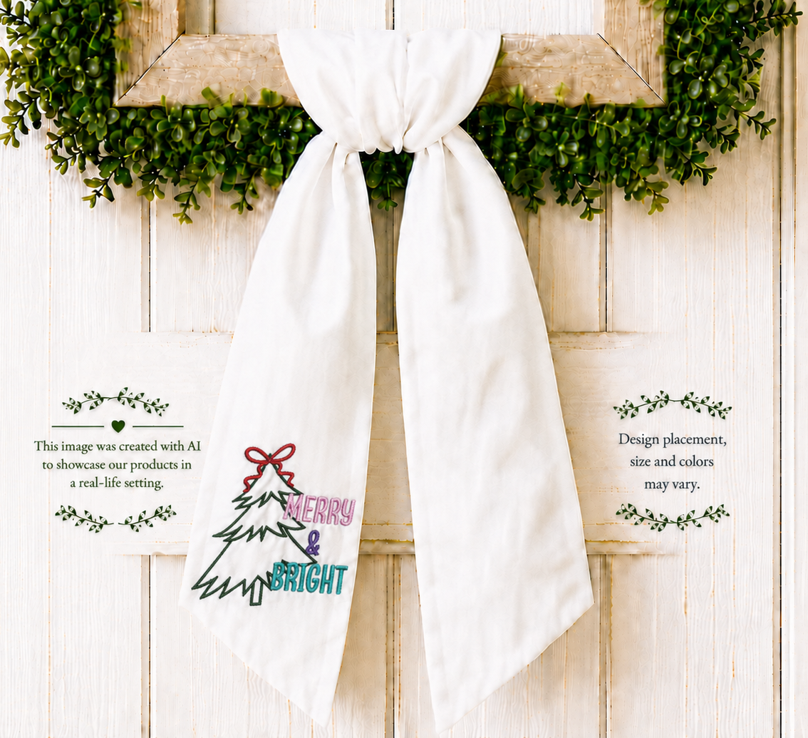 Christmas Wreath Sash Embroidered Merry & Bright with Tree Outline