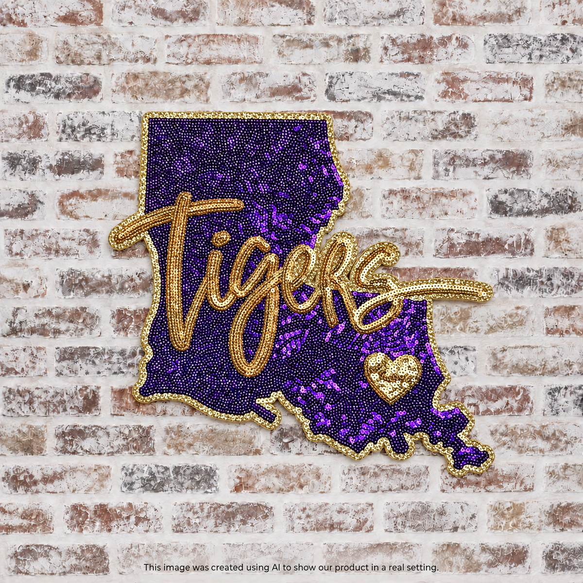 Purple Louisiana State w/Gold Tigers Sequin Iron-On Patch