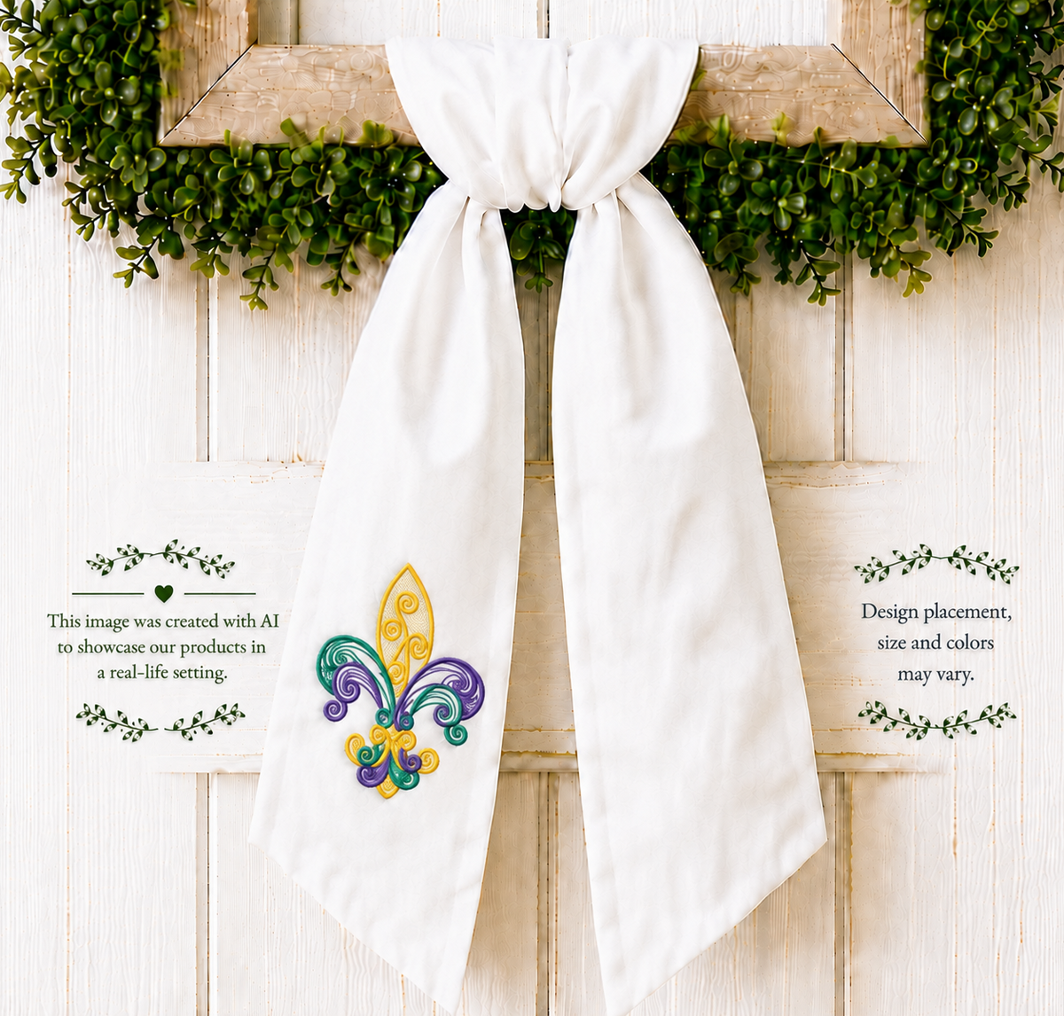Mardi Gras Embroidered Wreath Sash with Lace-Type Fleur De Lis