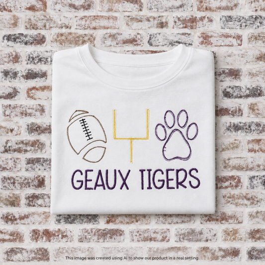 Geaux Tigers Trio with Goal Post, Football, Paw Print Embroidered Shirt