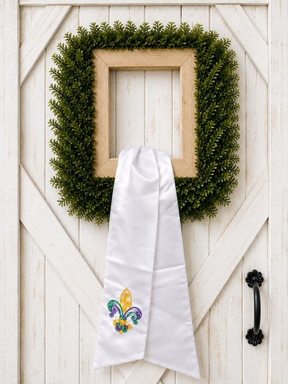 Mardi Gras Wreath Sash | Embroidered Fleur De Lis Lace