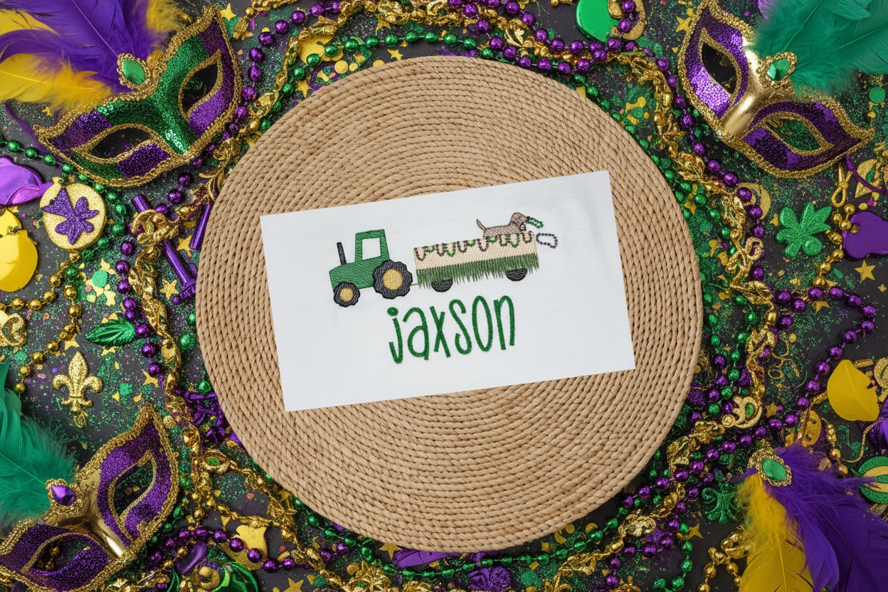 Mardi Gras Puppy in a Tractor-Trailer