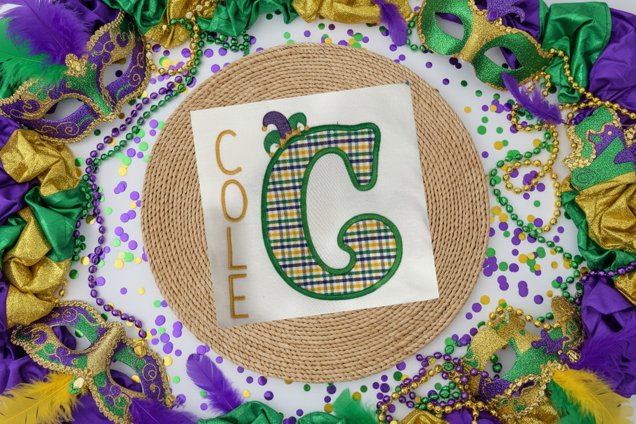Large Initial Applique | Mardi Gras Jester Hat