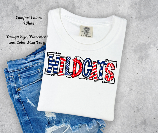 Red and Blue Wildcats Doodle Printed T-Shirt