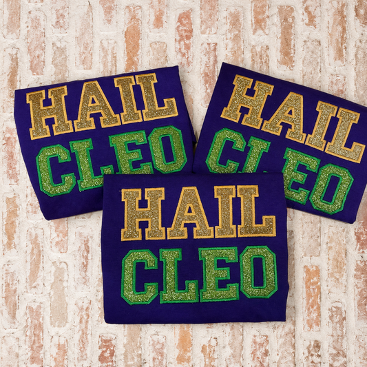 Mardi Gras Hail Cleo Embroidered Shirt or Sweatshirt w/Glitter Applique