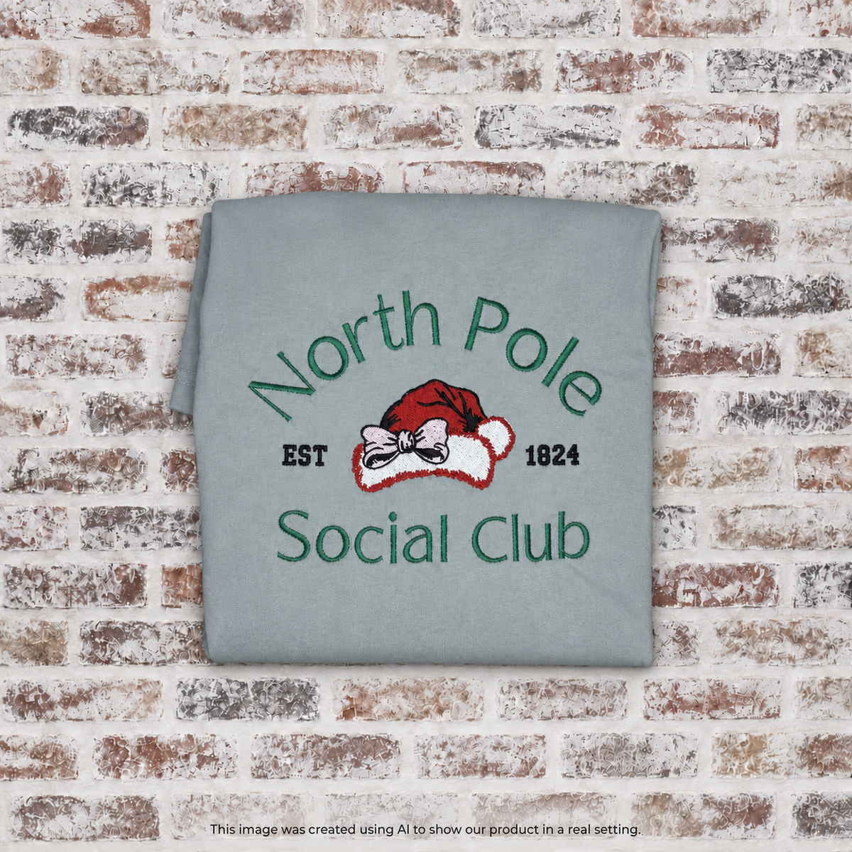 Christmas T-Shirt Embroidered North Pole Social Club w/cute Santa Hat