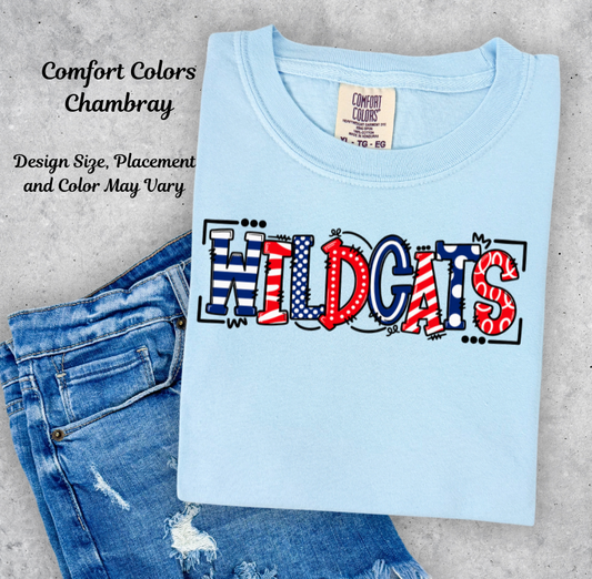 Red and Blue Wildcats Doodle Printed T-Shirt