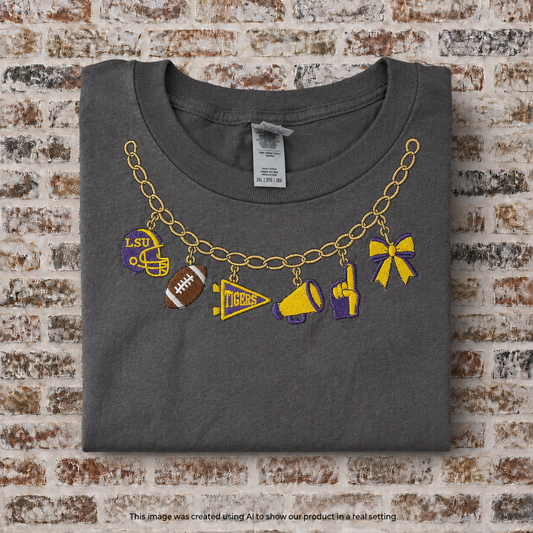 Necklace embroidered on a T-Shirt Football Theme Purple and Gold