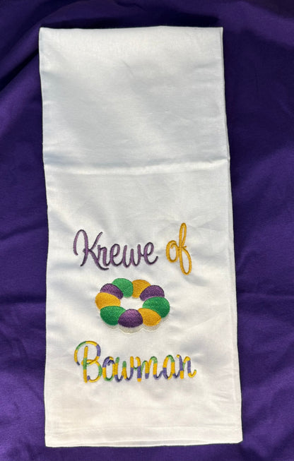 Mardi Gras Krewe Embroidered Towel Personalized with Last Name