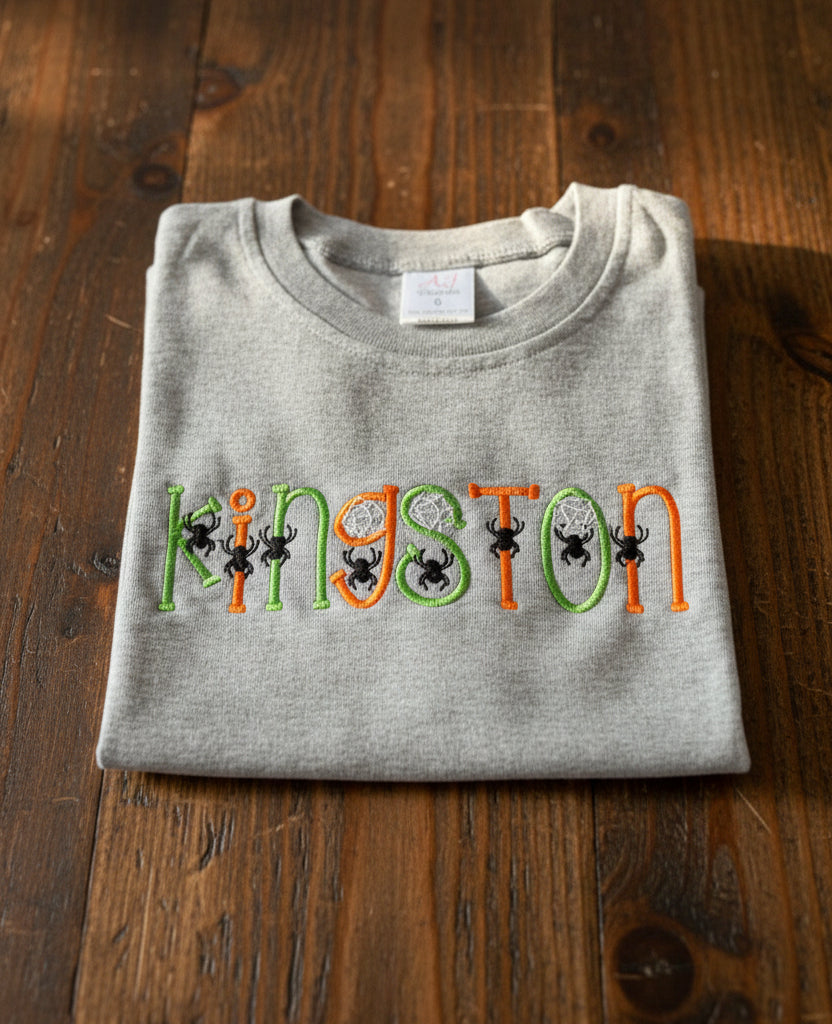 Halloween Custom Name with Spiders and Webs Embroidered T-Shirt