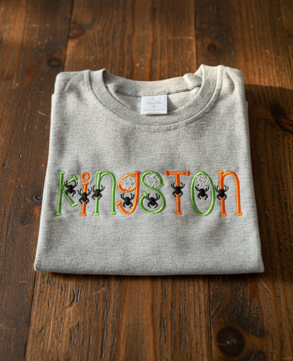Halloween Custom Name with Spiders and Webs Embroidered T-Shirt