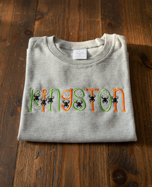 Halloween Custom Name with Spiders and Webs Embroidered T-Shirt