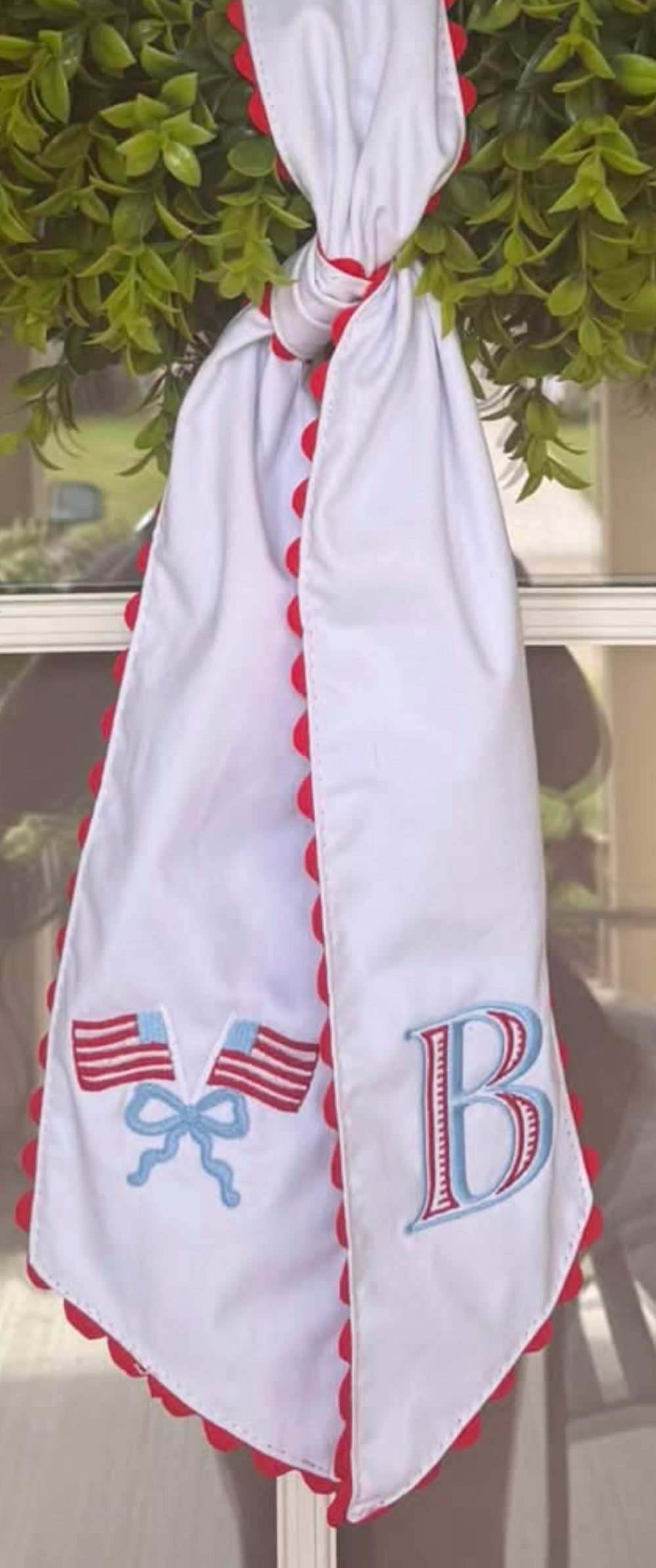 Patriotic Wreath Sash Embroidered with 2 flags crossed