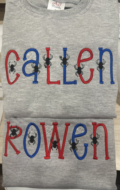 Halloween Custom Name with Spiders and Webs Embroidered T-Shirt