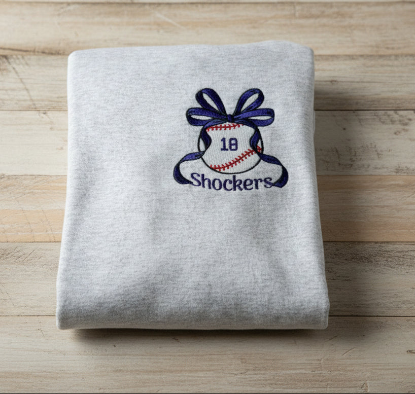 Baseball With Fancy Bow with (or without) team name (Filled Stitch)