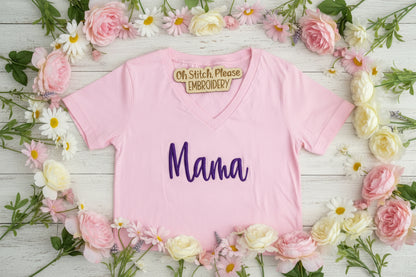 Mama in Puff Script Writing Embroidered Shirt