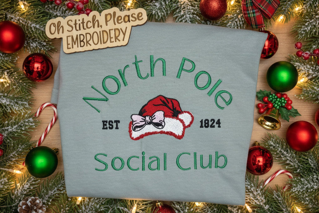Christmas T-Shirt Embroidered North Pole Social Club w/cute Santa Hat