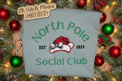 Christmas T-Shirt Embroidered North Pole Social Club w/cute Santa Hat