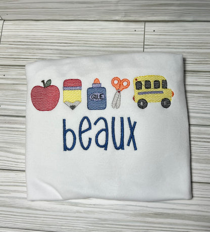 School Icons Apple, Pencil, Bus, Glue, Scissors Embroidered Shirt