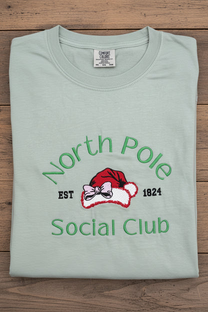 Christmas T-Shirt Embroidered North Pole Social Club w/cute Santa Hat