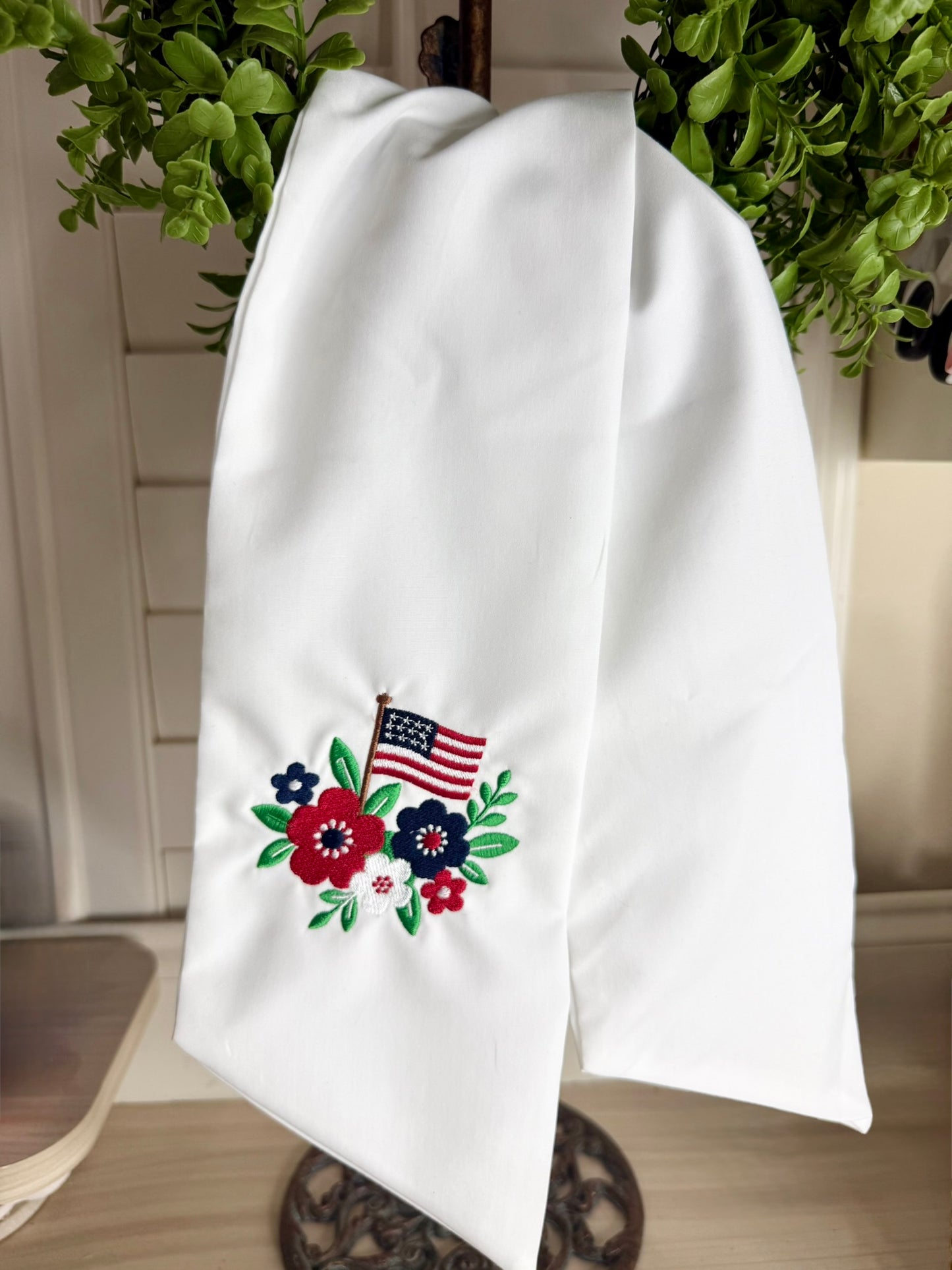 Patriotic Wreath Sash with Flowers and Flag