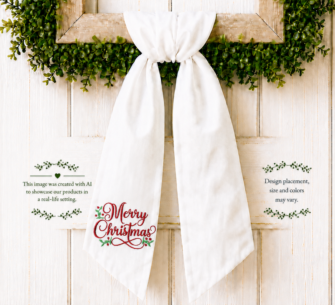 Christmas Wreath Sash Embroidered Merry Christmas in Script with Mistletoe