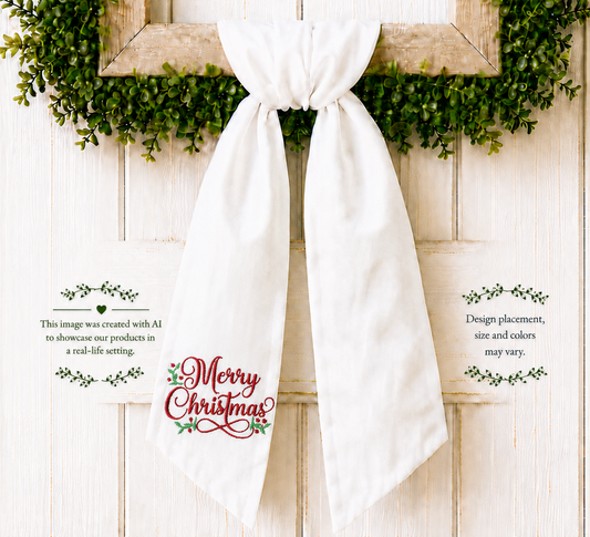 Christmas Wreath Sash Embroidered Merry Christmas in Script with Mistletoe