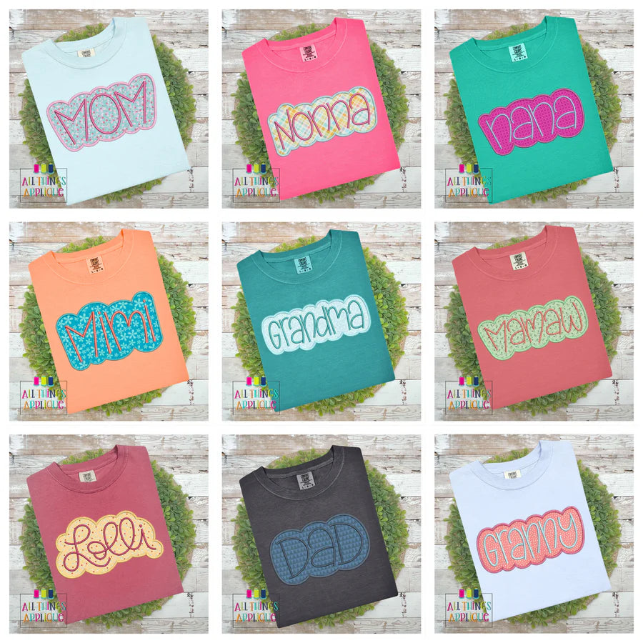 Title/Name Double Stacked with Applique and Satin Stitch