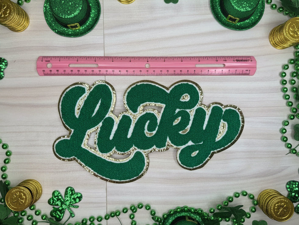 St Patrick's Day Lucky Chenille Patch with Glitter Outline