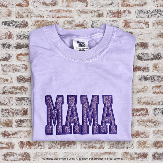 Mama | Varsity Letters with Glitter Applique Embroidered Shirt