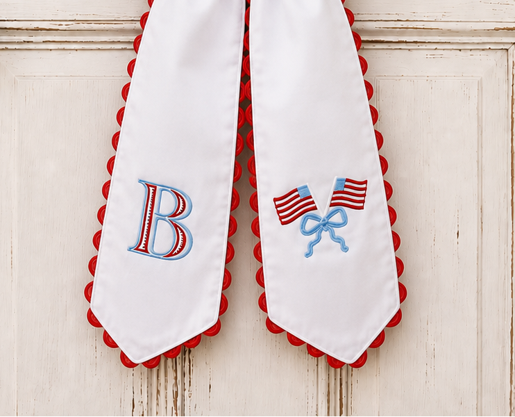 Patriotic Wreath Sash Embroidered with 2 flags crossed