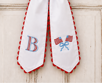 Patriotic Wreath Sash Embroidered with 2 flags crossed