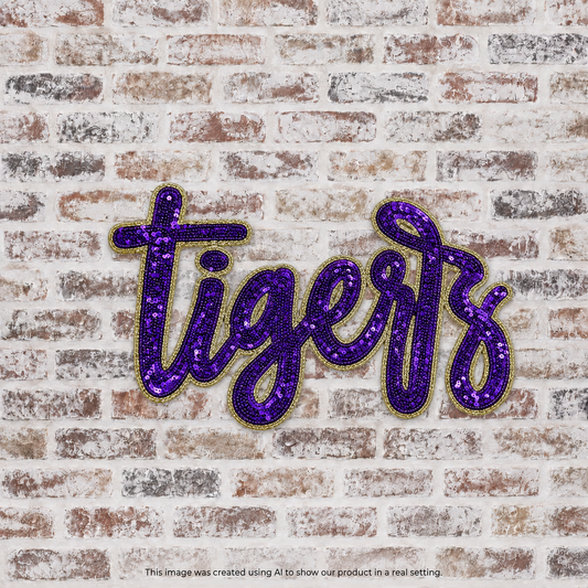 Purple Tigers Script Sequin Iron On Patch